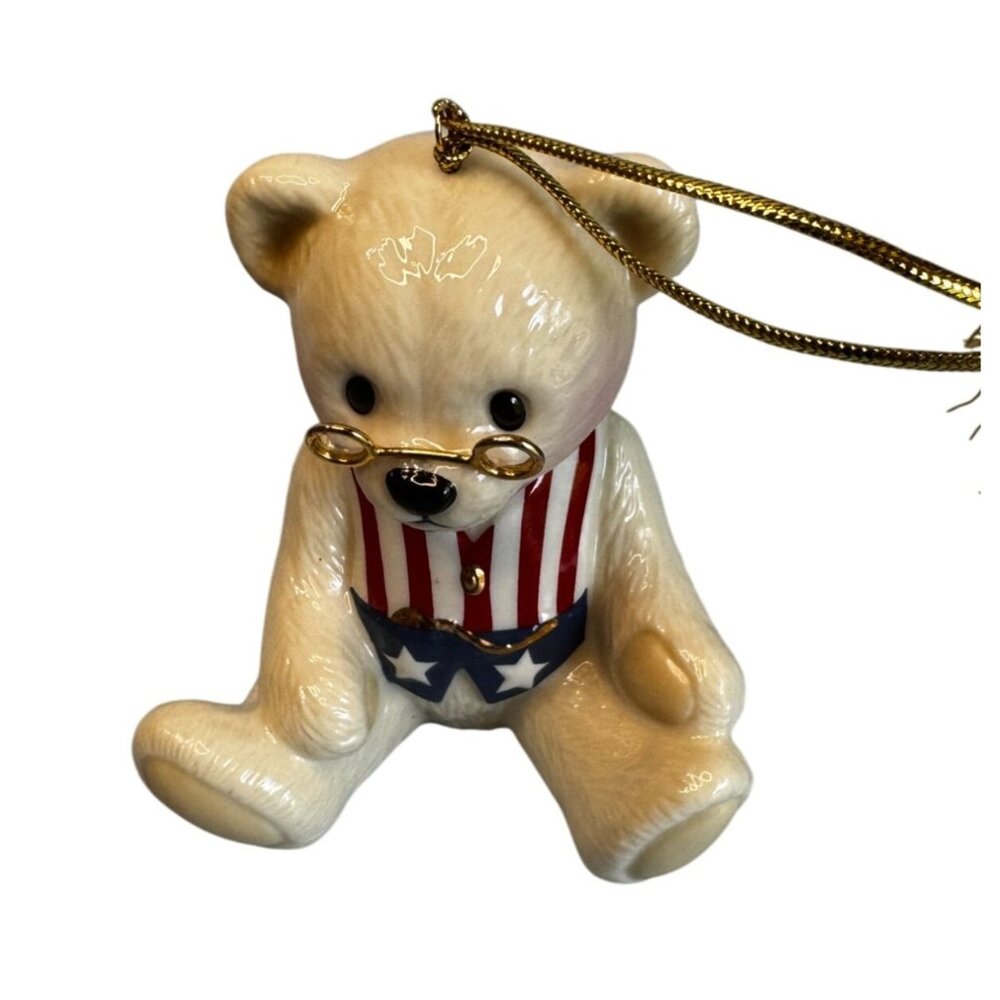 Brandys Teddy 96 Patriotic Bear Ornament Beige Ceramic With Glasses & Box - Picture 6 of 9